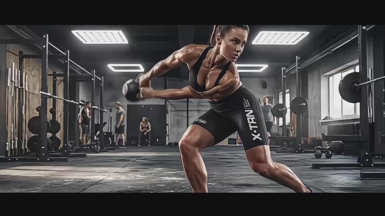 Female athlete performing strength training workout in gym wearing X-TRN performance fitness gear