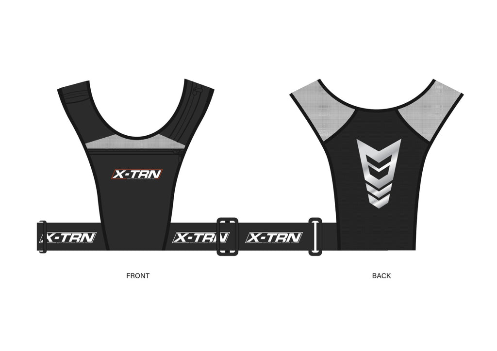 X-TRN chest harness front and back product design showing fitness training support gear details