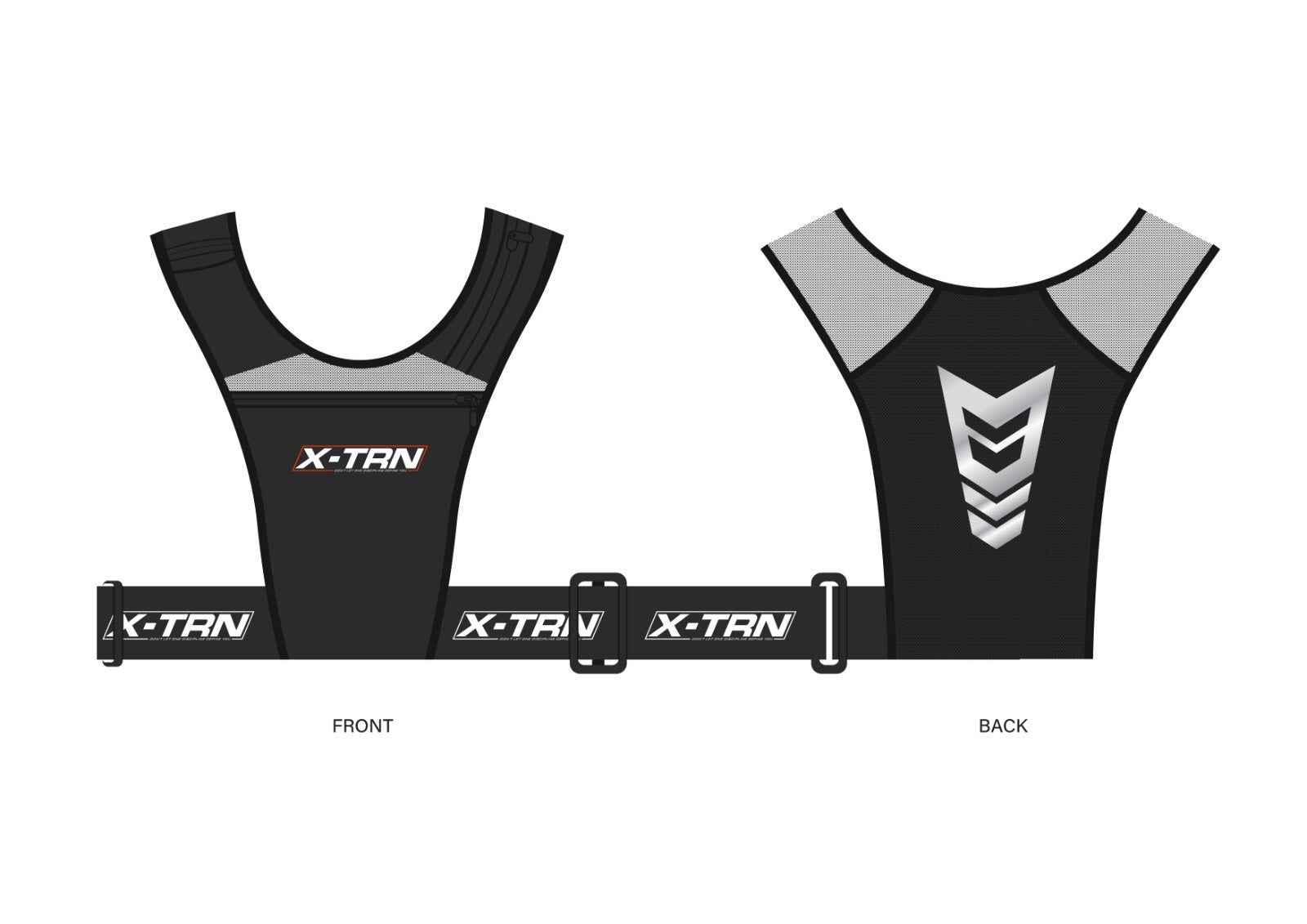 X-TRN chest harness front and back product design showing fitness training support gear details