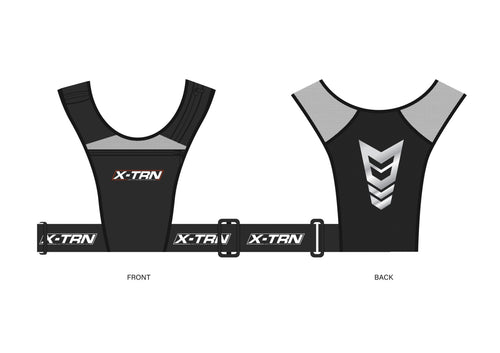 X-TRN chest harness front and back product design showing fitness training support gear details