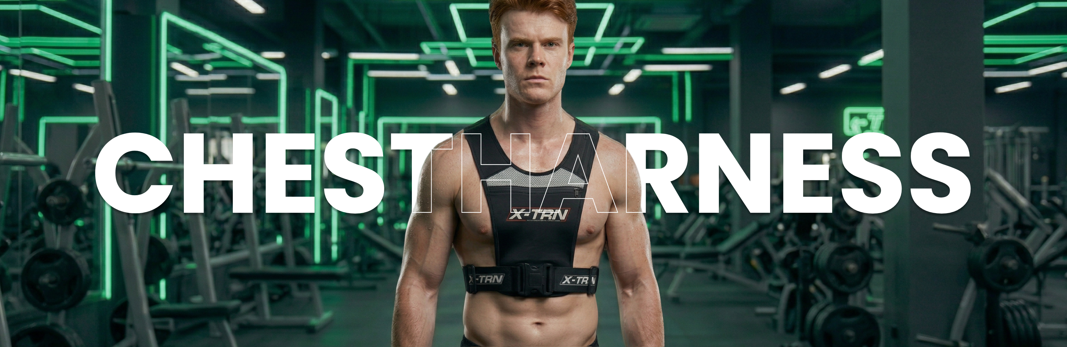 Male athlete wearing X-TRN chest harness during strength training workout in gym for upper body performance support