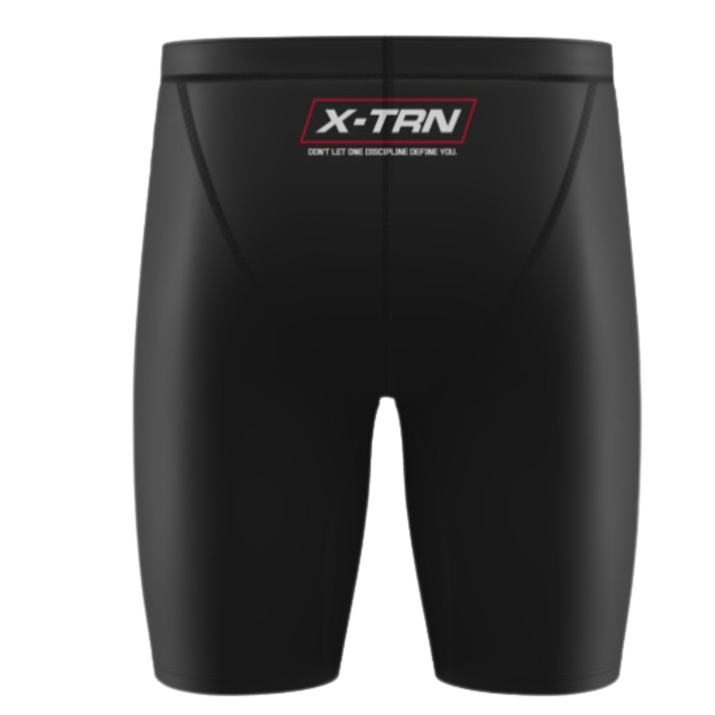 Back view of X-TRN compression shorts with logo design for men’s fitness training and performance gym wear