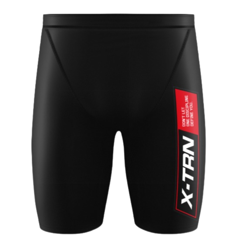Front view of X-TRN compression shorts with logo design for men’s fitness training and performance gym wear