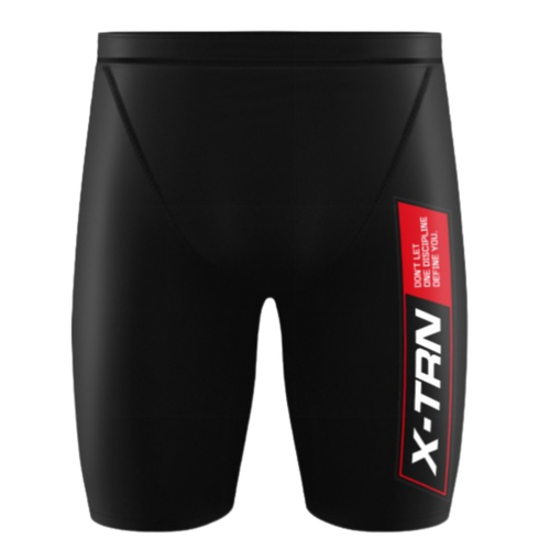 Front view of X-TRN compression shorts with logo design for men’s fitness training and performance gym wear