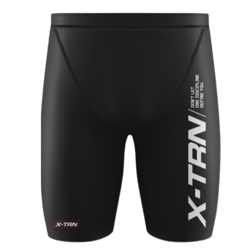 Front view of X-TRN compression shorts with vertical logo design for men’s fitness training and performance gym wear