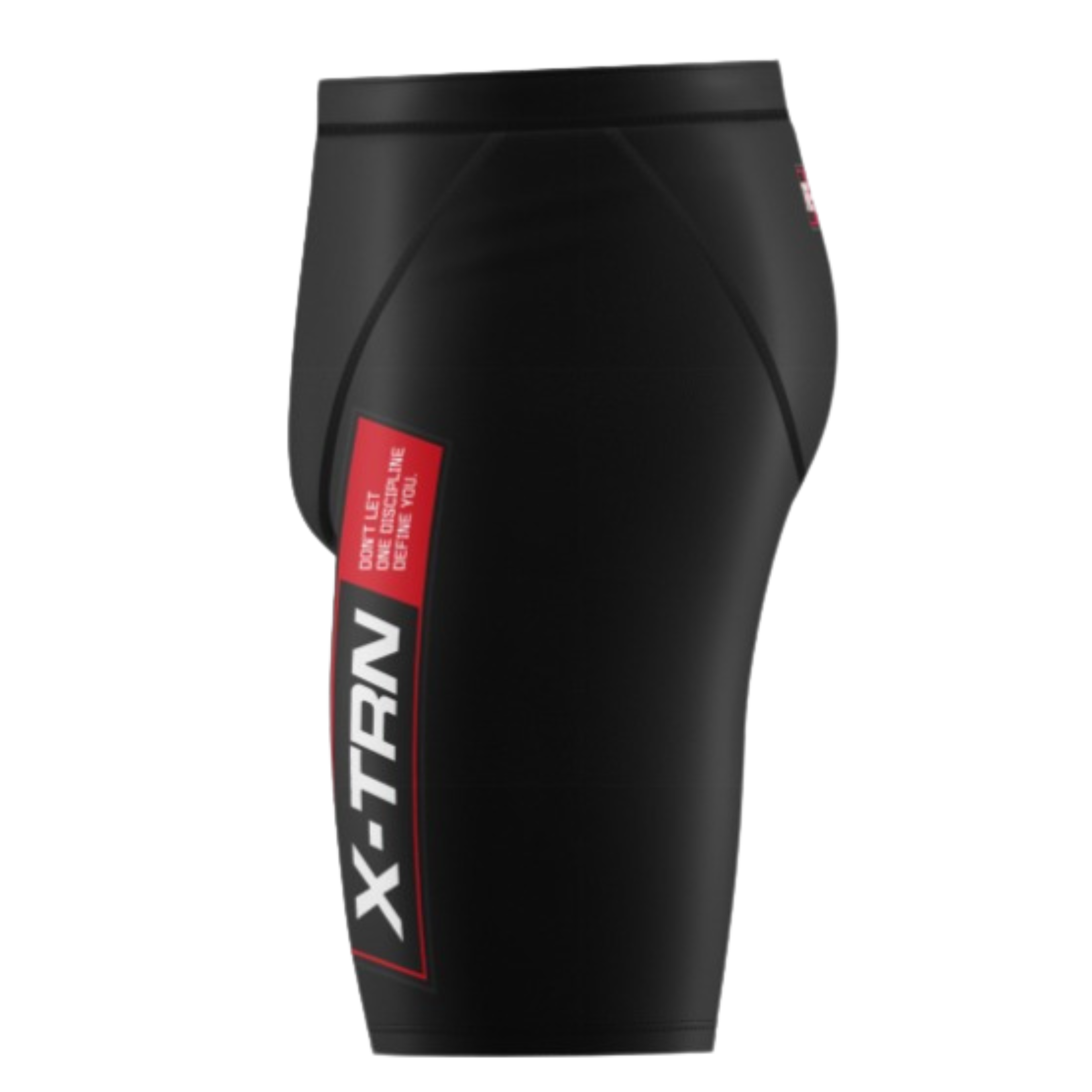 Side view of X-TRN compression shorts with logo design for men’s fitness training and performance gym wear