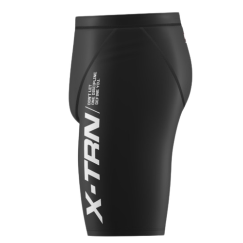 Side view of X-TRN compression shorts with vertical logo design for men’s fitness training and performance gym wear